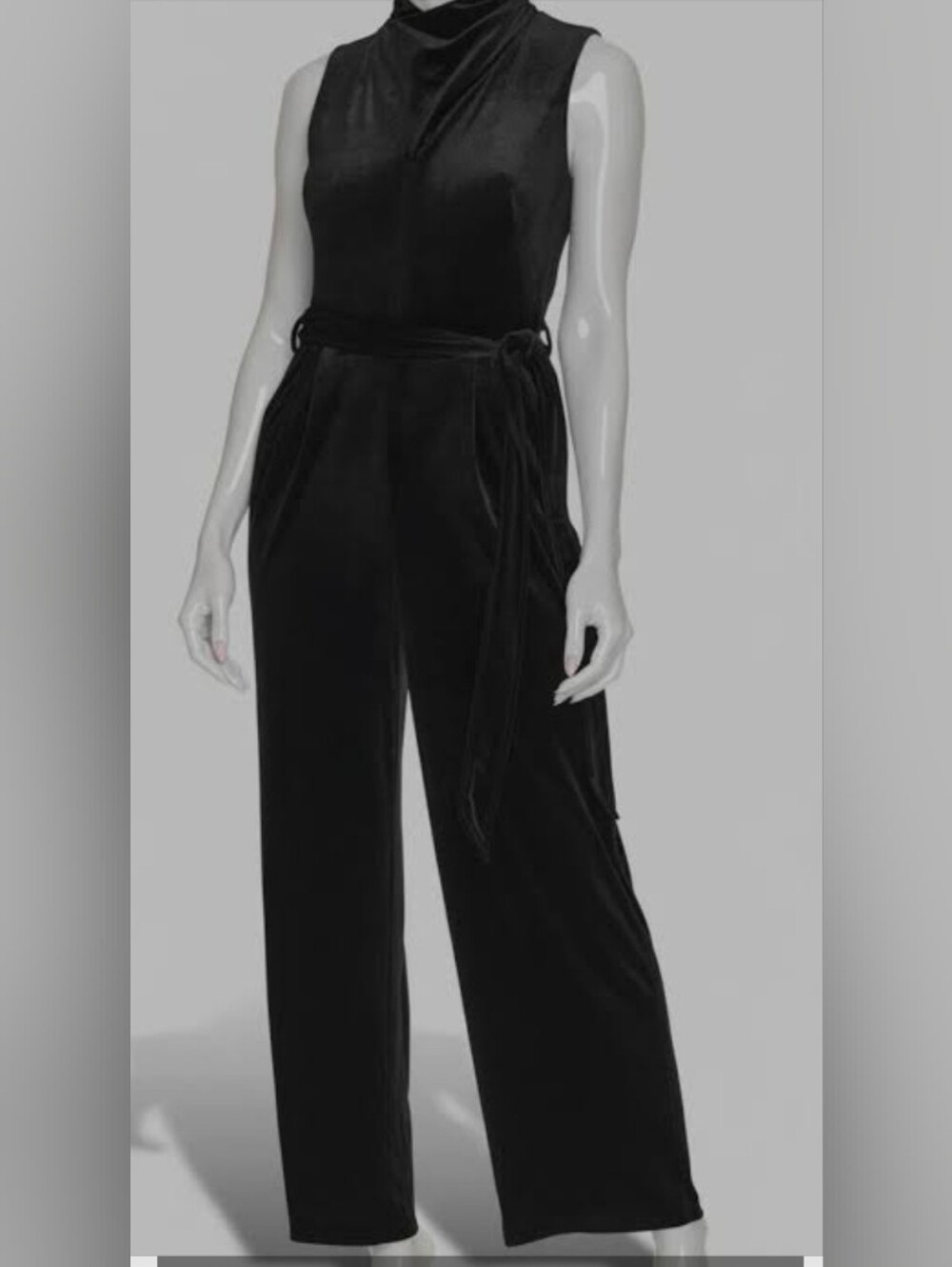 Calvin Klein Black Velvet Wide-Leg Sleeveless Jumpsuit with Self-Tie Waist